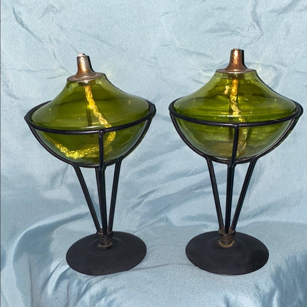 BX48 Vintage Green Glass Candle Holders - Picture 1 of 5